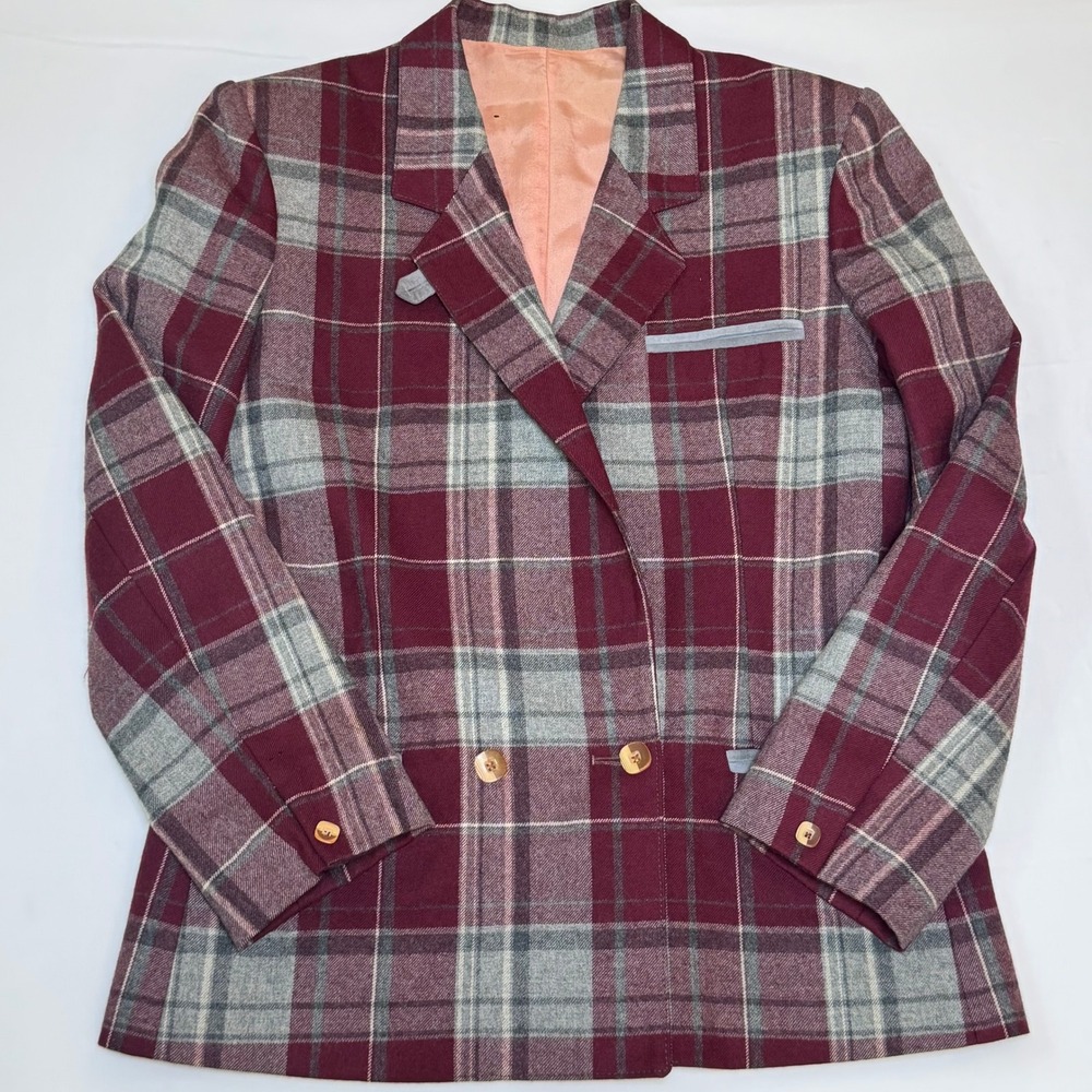 Vintage 1970s Fleurette Plaid Wool Blazer Medium 8 10 Burgundy Academia Heritage